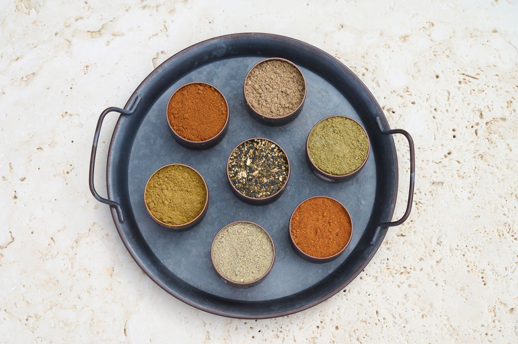 An aerial view of Zepice spices on a round tray 