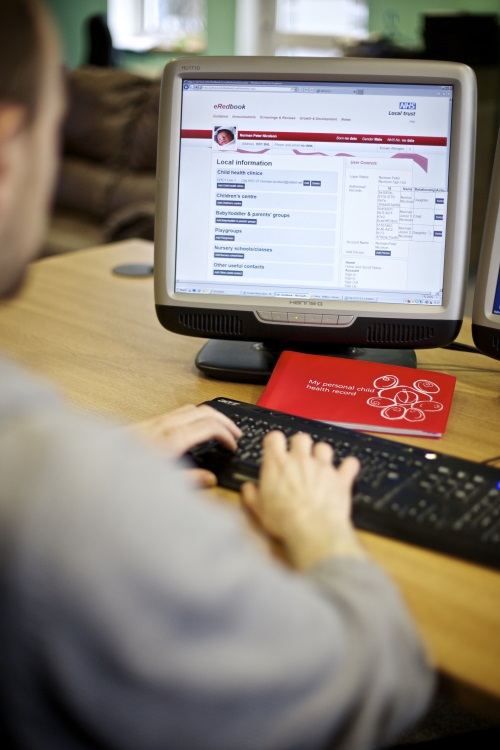 Man sitting at computer screen showing Redbook