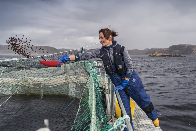Woman feeding fish on fish farm